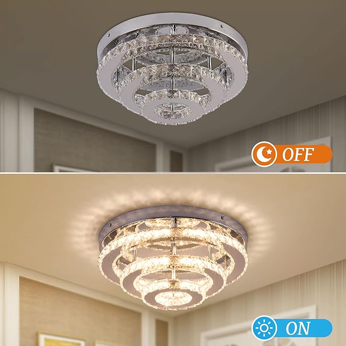 Modern Crystal Chandelier Round LED Ceiling Light Flush Mount Crystal Chandeliers for Dining Room Bedrooms Living Room, 42W, 3000 K Warm White