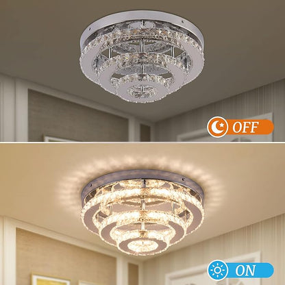 Modern Crystal Chandelier Round LED Ceiling Light Flush Mount Crystal Chandeliers for Dining Room Bedrooms Living Room, 42W, 3000 K Warm White