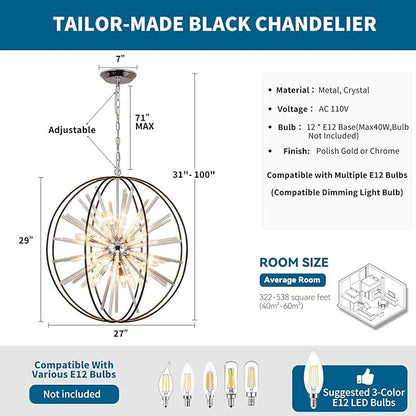 Vezzio 12-Light Modern Crystal Chandeliers for Entryway D27 Inch Black Globe Foyer Chandelier Contemporary Ceiling Hanging Light Fixture for Dining Room Kitchen Island Living Room Hallway Stairway