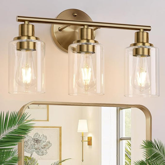 Zarbitta 3-Light Bathroom Light Fixtures, Brushed Brass Bathroom Wall Lights with Clear Glass Shade, Modern Bathroom Wall Lamp for Mirror Kitchen Living Room Hallway Cabinet