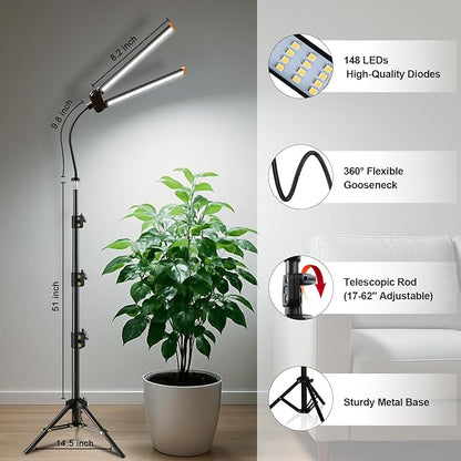 Grow Light with Stand, Super Bright 6000K White Full Spectrum Floor Plant Growing Lamp with Rotatable Light Head & Height Adjustable 17-62" for Indoor Large Tall Plants, Dimmable & Auto Timer 4/8/12H