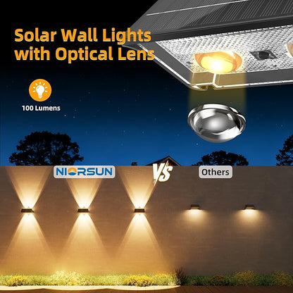NIORSUN Solar Fence Lights Outdoor, 8 Pack Up and Down Waterproof Solar Wall Lights, Warm & Cool White + RGB, Fence Lights with Lens, Dusk to Dawn Lighting for Patio, Backyard, Pool, Railing (Black)