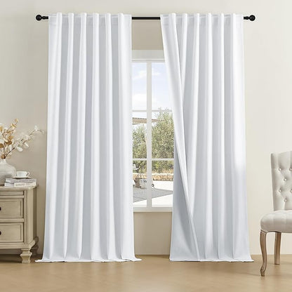 DUALIFE Greyish White Linen 100% Blackout Curtains 96 Inch Long,Light Blocking Privacy Protect for Master Bedroom Living Room Pinch Pleated/Rod Pocket/Back Tab/Hook Belt W50 x L96,Pure White,2 Panels