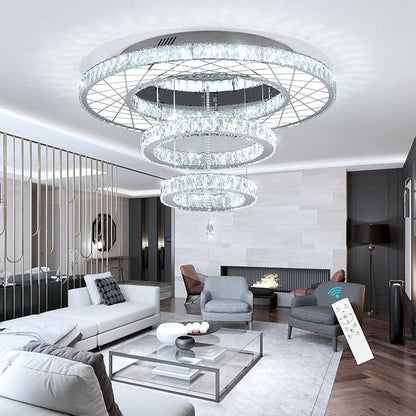 HAIXIANG Crystal Glam Chandelier LED Ceiling Light Dining Bedroom Interior Lighting Fixtures Remote Dimmable Ceiling Chandeliers 24 Inches Silver Light