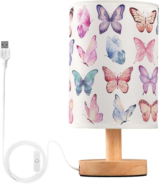 Table Lamp Colorful Butterflies Pink Blue Butterfly Nightstand Lamp with Wood Base Fabric Lamp Shade Bedside Desk Lamp for Living Room Bedroom Kids Room Office