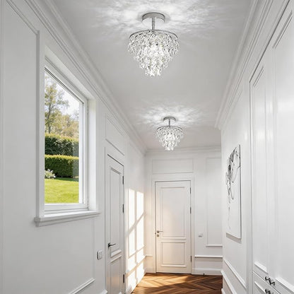 Mini Crystal Chandelier Small Modern Crystal Flush Mount Ceiling Light for Hallway Closet, E26 Base, K9 Crystal (Chrome-Ceiling)