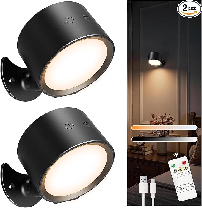 Battery Operated Wall Sconce, Remote Control, Wireless Rechargeable Mounted, 3 Color & 4 Brightness Level & 360°Rotate, Adhesive Lights for Wall Closet Hallway Reading (Black,Set of 2)