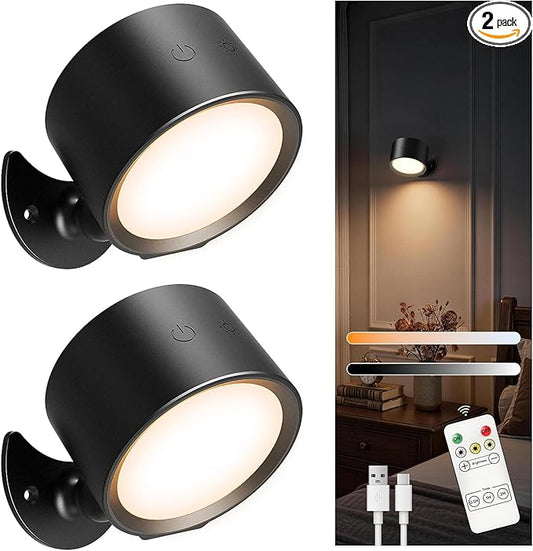 Battery Operated Wall Sconce, Remote Control, Wireless Rechargeable Mounted, 3 Color & 4 Brightness Level & 360°Rotate, Adhesive Lights for Wall Closet Hallway Reading (Black,Set of 2)