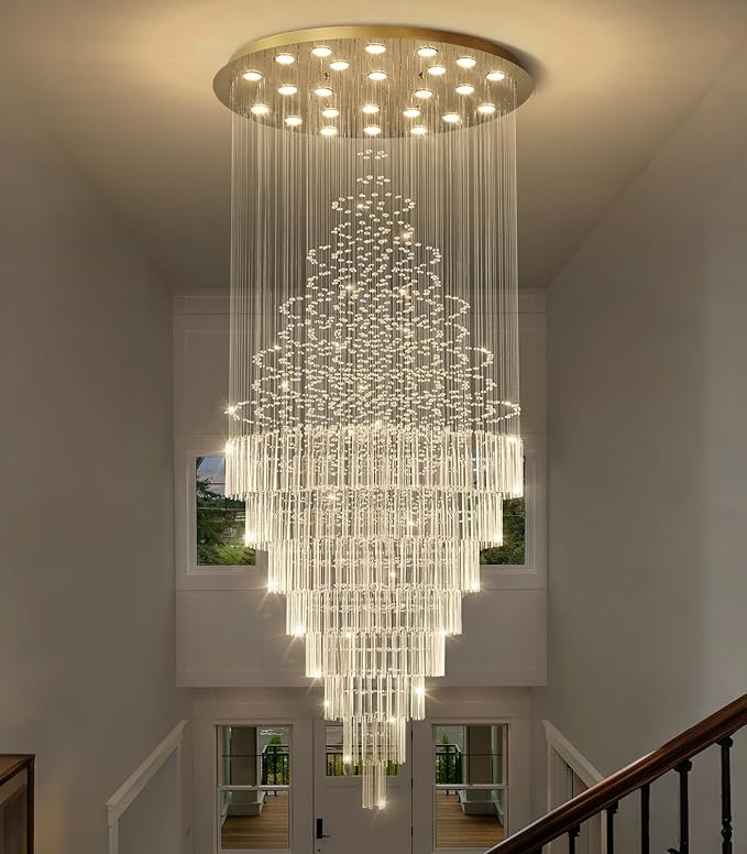 HAIXIANG W47 x H120 Crystal LED Chandelier with Light Bulbs Luxury Raindrop High Ceiling Chandeliers for Entryway Villa Staircase Foyer Living Room Lighting Fixtures Gold