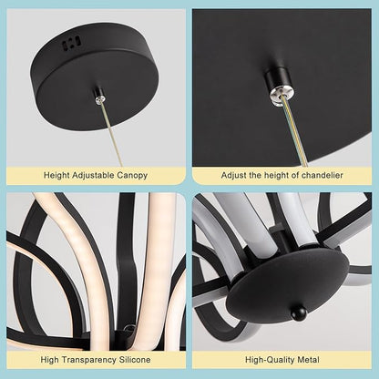 CHYING Modern Black Chandelier with Remote Control, 10-Light 70W 3-Color Temperature Dimmable LED Chandelier for Dining Room, Hanging Adjustable Pendant Light for Living Room Kitchen Entryway Foyer