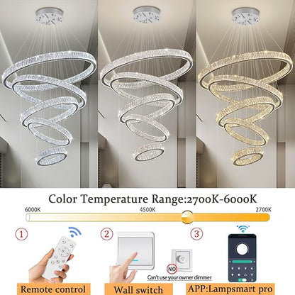 Extra Large 5 Ring Crystal Chandelier High Ceiling Chandeliers for Foyer,Modern Luxury Crystal Ring Chandelier Dimmable Led Ceiling Lighting for Staircase Villa D8''+15.7"+23.6"+31.5"+39.4"
