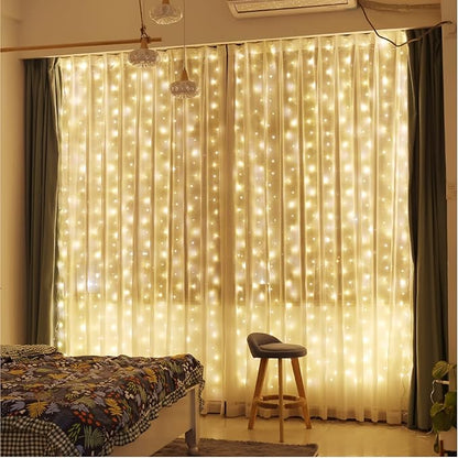 ZSJWL 300 LED Curtain Fairy Lights with Remote, 8 Modes 9.8 × 9.8 Ft Curtain String Light USB Plug in, Twinkle Silver Wire Lights for Bedroom Window Chrismas Wedding Party, Warm White