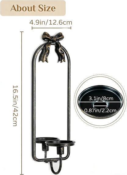Candle Sconces Black Wall Decor: Set of 2 Metal Wall Candle Holder Decorative for Taper Pillar Candles - Vintage Bow Mirror Sconces Art for Fireplace Bathroom Livingroom