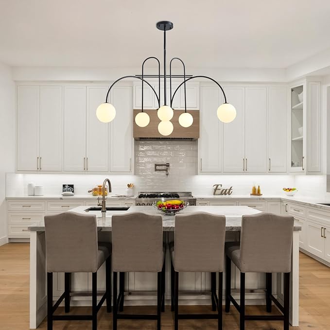 Modern Black Sputnik Chandelier 6-Light Mid Century Chandelier for Dining Room with Milky Glass Globe Ceiling Pendent Light Fixture for Living Room Kitchen Island Foyer Bedroom