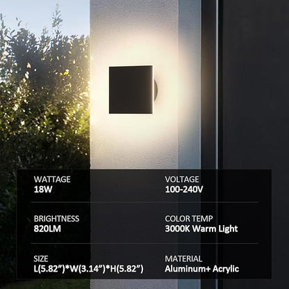 Outdoor LED Wall Light Modern Porch Light Patio Light for House Outdoor Wall Sconce Aluminum Waterproof Porch Lights Indoor Exterior Sconce Wall Lighting Warm White 3000K (Square)