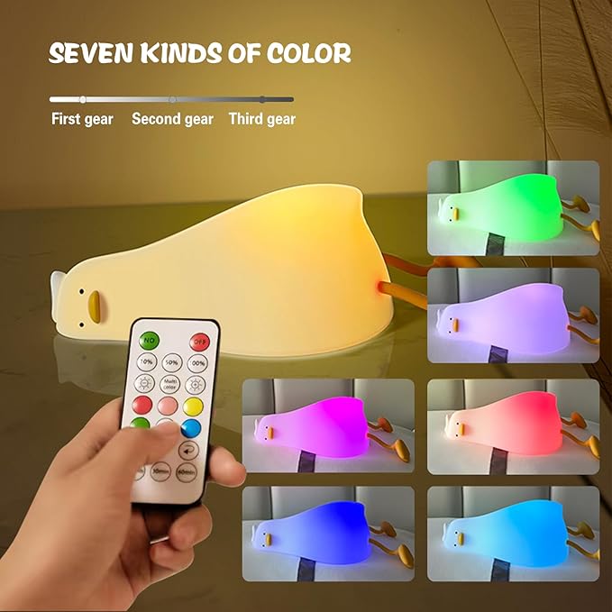 Lying Flat Benson Duck Multi-Color Lamp with Remote Control, Rechargeable Silicone Night Light, Dimmable Cute Light Up Duck, Nursery Nightlight, Bedside Lamp for Breastfeeding, Kawaii Room Decor.