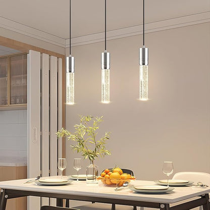 Brushed Nickel Pendant Lights Kitchen Island, Crystal Bubble Pendant Lights, Adjustable Modern Pendant Light Fixtures for Dining Living Room Bedroom 3 Pack