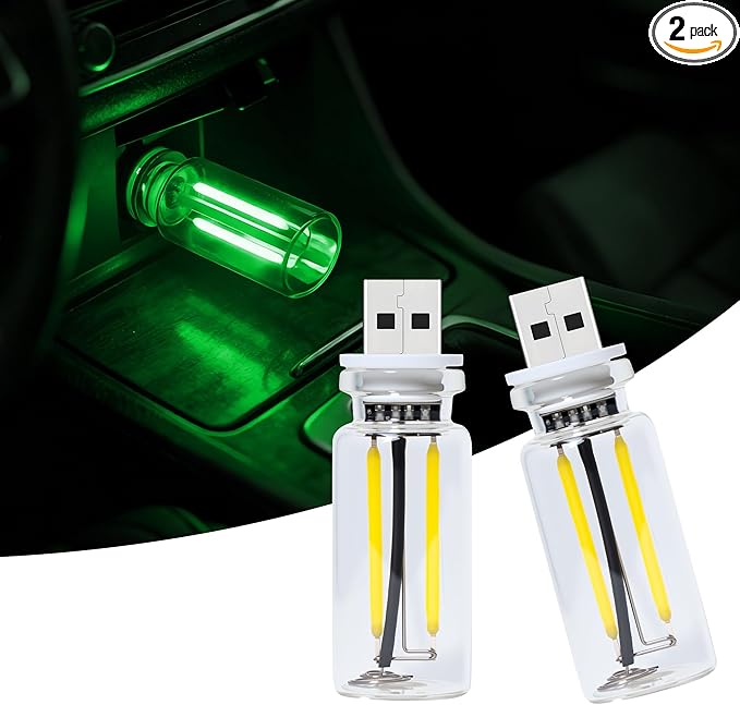 2 Packs USB Light for Car, Touch Dimmable Car Interior Ambient Lights - Portable Mini USB LED Light Bulb, Retro Glass Bottle Night Light for Vehicle, Bedroom, Hallway, Camping(Green)