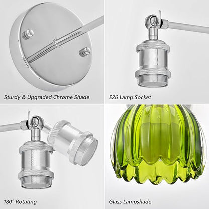 Vintage Battery Operated Wall Sconce, Green Tulip Glass Lampshade Wireless Rechargeable Battery Powered LED Wall Light with Remote Dimmable for Bedside Bedroom Living Room, Silver, Set of 2