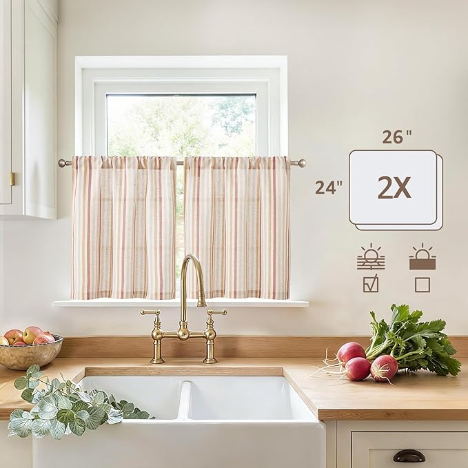 jinchan Colorful Striped Linen Kitchen Curtains 24 Inch Tier Curtains Farmhouse Modern Cafe Small Window Treatments Light Filtering Rod Pocket for Living Room Bathroom 2 Panels Multi Red