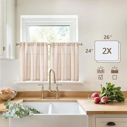 jinchan Colorful Striped Linen Kitchen Curtains 24 Inch Tier Curtains Farmhouse Modern Cafe Small Window Treatments Light Filtering Rod Pocket for Living Room Bathroom 2 Panels Multi Red