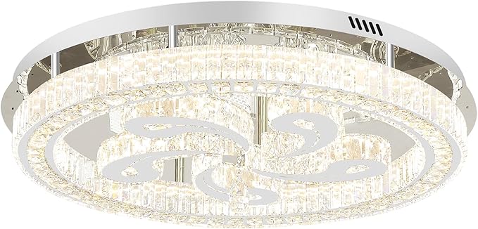 Modern Crystal Chandeliers for Dining Room Flush Mount Ceiling Chandelier for Living Room Dining Room Ring LED Crystal Ceiling Light (Round,32in Silver,Dimmable 2700K-6500K)