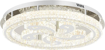 Modern Crystal Chandeliers for Dining Room Flush Mount Ceiling Chandelier for Living Room Dining Room Ring LED Crystal Ceiling Light (Round,32in Silver,Dimmable 2700K-6500K)