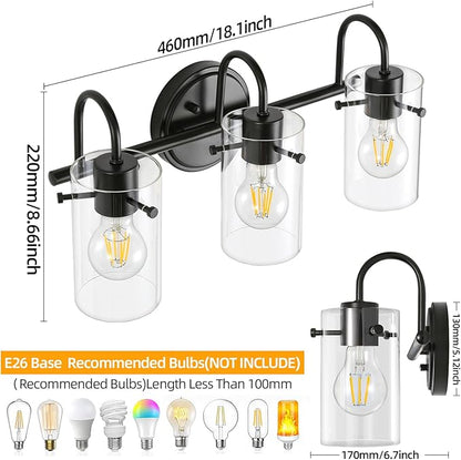 3 Lights Vanity Lights, Matte Black Bathroom Wall Light Fixtures over Mirror, Modern Wall Sconce with Clear Glass Shade, Farmhouse Wall Mount Porch Wall Lamp for Mirror, Kitchen, Living Room, Workshop