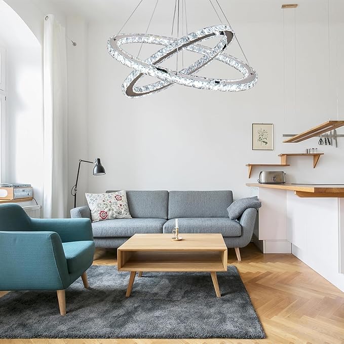Finktonglan 23.6" Oval Crystal LED Chandelier, Modern 2 Ring Hanging Light Fixture, Cool White 6500K, Non-Dimmable, Built-in LED Pendant Light for Dining Room Bedroom
