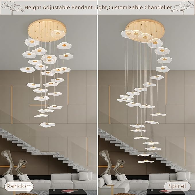 High Ceiling Chandeliers - 24-Light Luxury Gold Spiral Lotus Chandelier Modern Minimalist Dimmable Design for Grand Entrance, Staircase, Villa Dining Room