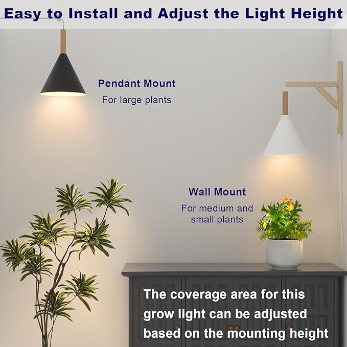 Hanging Grow Light with Timer, 20W Full Spectrum Plant Lamp for Indoor Plants, 14.5 ft Power Cord, Adjustable Height, Wall-Mounted Growing Light for Large Tall Plants, Succulents and Flowers (White)