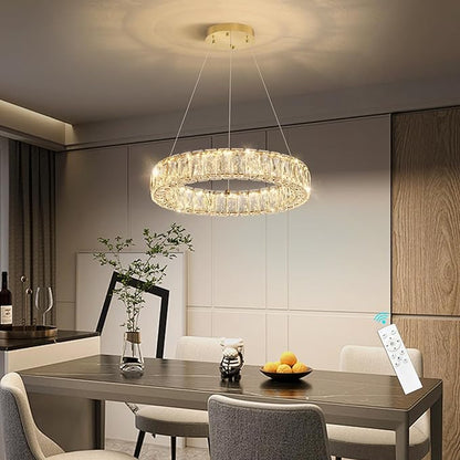 HAIXIANG Modern Crystal Chandelier Dimmable LED 16 Inch Ring Pendant Lights Adjustable Glam Chandeliers Lighting Fixtures for Dining Room Living Room Bedroom Gold Light