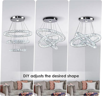 Modern Chandeliers Crystal Ceiling Light 3 Rings Dimmable LED Pendant Light Fixture Ceiling Hanging for Living Room Dining Room Bedroom Kitchen 250mm Base 209 Crystals(Dimmable)