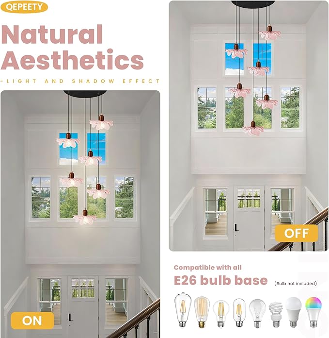 6-Light Pink Glass Flower Chandelier with Wood, Modern Adjustable Staircase Pendant Light, Mid Century Floral Hanging Ceiling Fixture for Living Room Dining Room Foyer Entryway