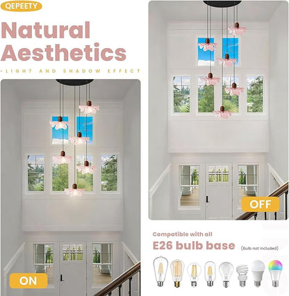 6-Light Pink Glass Flower Chandelier with Wood, Modern Adjustable Staircase Pendant Light, Mid Century Floral Hanging Ceiling Fixture for Living Room Dining Room Foyer Entryway