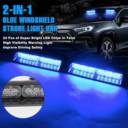 2-in-1 Blue LED Warning Dash Windshield Strobe Lights, 26 Modes 12/24V Emergency Traffic Advisor 2 x 8.4 Inch Car Front/Rear Dash Windshield Strobe for Trucks Vehicles Snow Plow