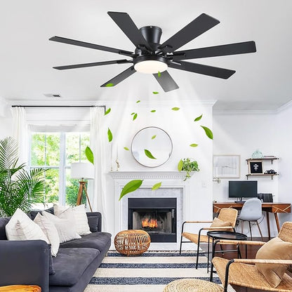 Mpayel Ceiling Fans with Lights, 52 Inch Low Profile Flush Mount Ceiling Fan, Modern Black Ceiling Fan with Light for Bedroom Living Room, Remote/APP Control, Quiet DC Motor, Dimmable, 8 Wood Blades