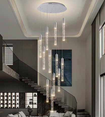 12-Lights High Ceiling Crystal Chandelier, Modern Large LED Raindrop Pendant Light Fixture 98.5" H Flush Mount Chandelier Chrome for Foyer Staircase Villa Living Room