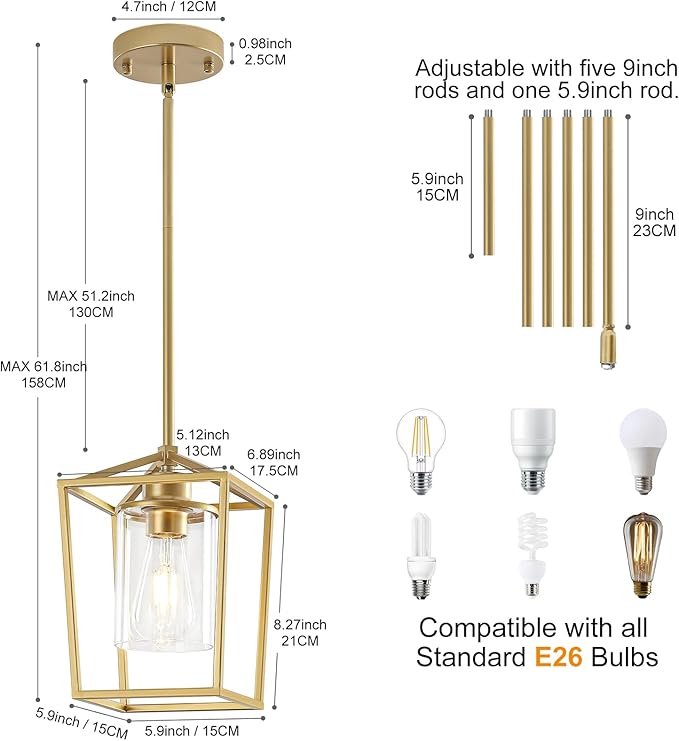 Gold Pendant Lighting for Kitchen Island, 1 Light Modern Cage Kitchen Hanging Pendant Lights with Clear Glass Shade for Kitchen Island, Dining Room, Entryway, Hallway