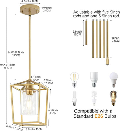 Gold Pendant Lighting for Kitchen Island, 1 Light Modern Cage Kitchen Hanging Pendant Lights with Clear Glass Shade for Kitchen Island, Dining Room, Entryway, Hallway