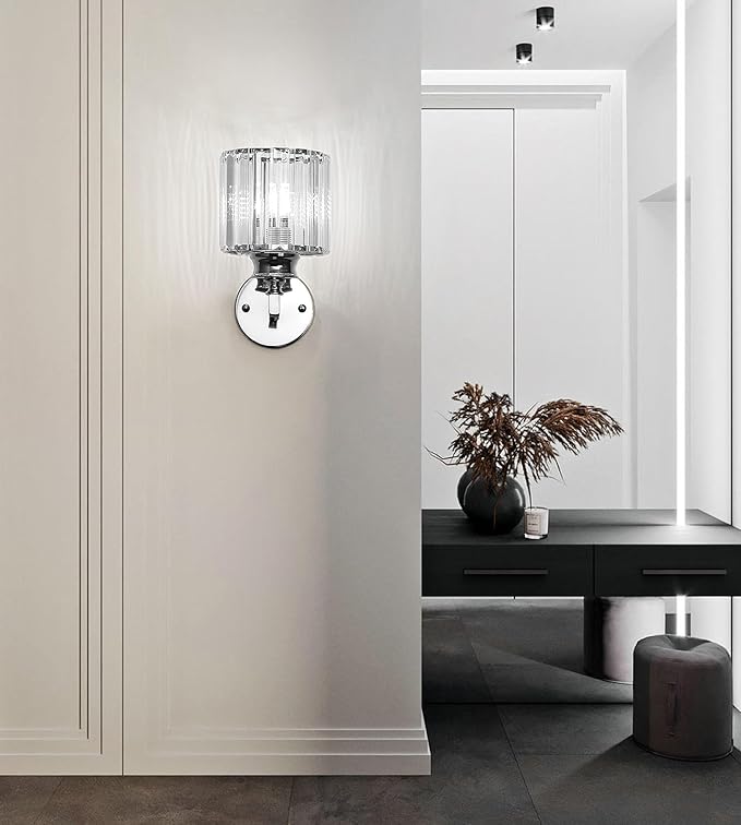 Hardwired Crystal Wall Sconces, Modern E27 Wall Lights, Silver Round Finish Wall Lamp for Living Room Bedroom Dining Room Hallway Entryway (Silver Round)