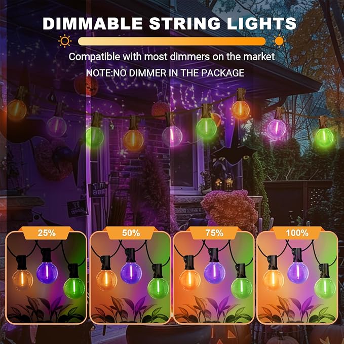 LAMPHOME LED Outdoor String Light, 26Feet Patio Lights with 12+1Edison Shatterproof Bulbs(1Spare), UL Waterproof Outside Lights connectable Dimmable for Backyard Porch Decor,Orange/Purple/Green