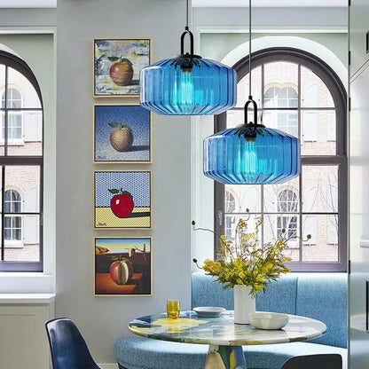 Plug in Hanging Lamp Blue Striped Glass Shade Modern Pendant Light with Plug in Cord Mid Century Pendant Light Fixture Plug in Chandelier Swag Ceiling Lamp for Living Room Bedroom