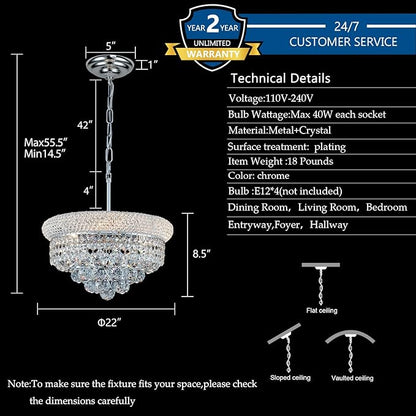 Crystal Chandeliers for Dining Room Light Fixture Over Table, Empire Style K9 Crystal Chandeliers for Bedroom, 4 Lights Chrome Luxury Lighting Fixtures for Entryway Kitchen Island Foyer D15 Inch