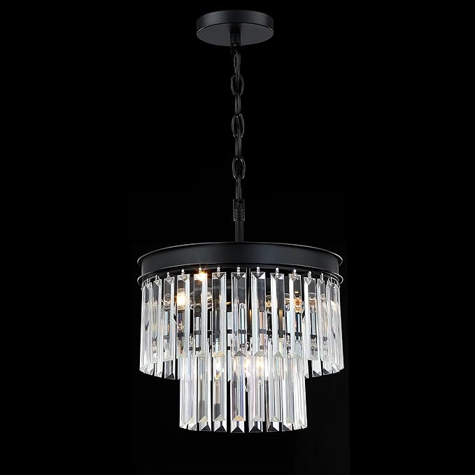 MEXO Crystal Chandelier Lighting Fixture Black Finish, 2-Tier Crystal Hanging Chandelier Lights for Living Room Bedroom Dinning Room Hallway