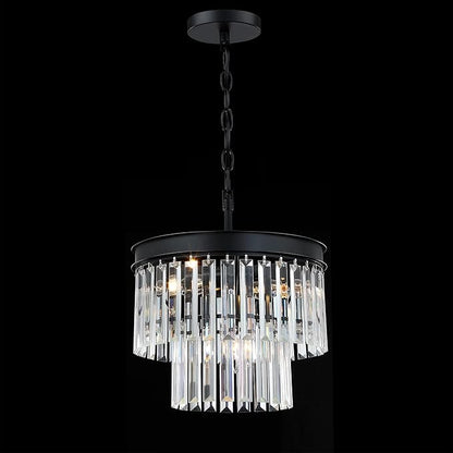 MEXO Crystal Chandelier Lighting Fixture Black Finish, 2-Tier Crystal Hanging Chandelier Lights for Living Room Bedroom Dinning Room Hallway