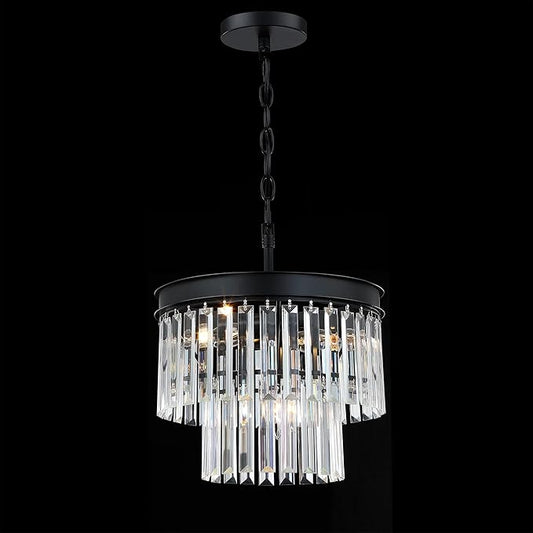 MEXO Crystal Chandelier Lighting Fixture Black Finish, 2-Tier Crystal Hanging Chandelier Lights for Living Room Bedroom Dinning Room Hallway