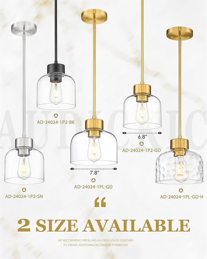 Gold Pendant Lights Kitchen Island, 8" Hanging Light Fixtures with Clear Glass Shade, Modern Brass Kitchen Pendant Lighting Over Island for Dining Room, AD-24024-1PL-GD