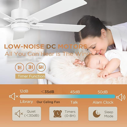 Ceiling Fan with Light Remote: 52 inch Modern Bedroom Fans with Dimmable Tri-Color Temperatures LED - Quiet Reversible DC Motor - Indoor Home Use (Matte White-5, 52 Inch)