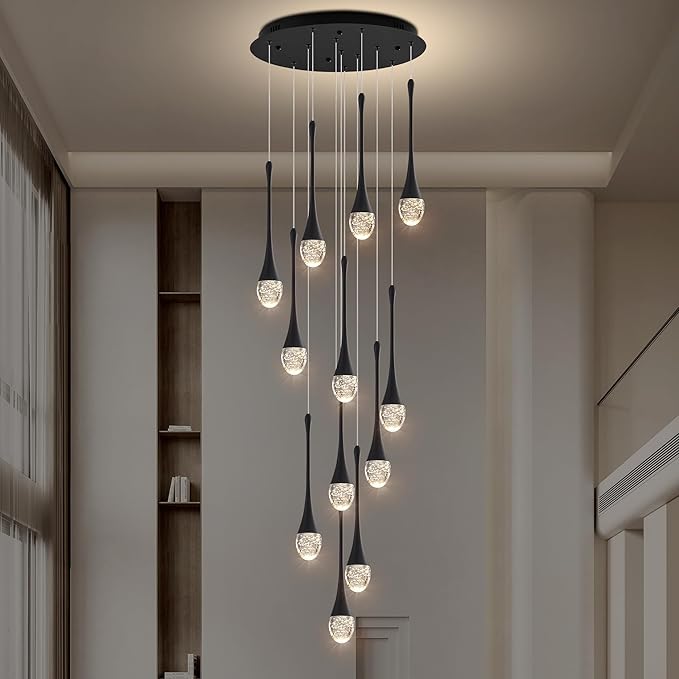 Modern Crystal Staircase Chandelier Black 12-Lights, H120'' Large High Ceiling Spiral Dimmable LED Raindrop Foyer Entryway Light Fixture Remote Control